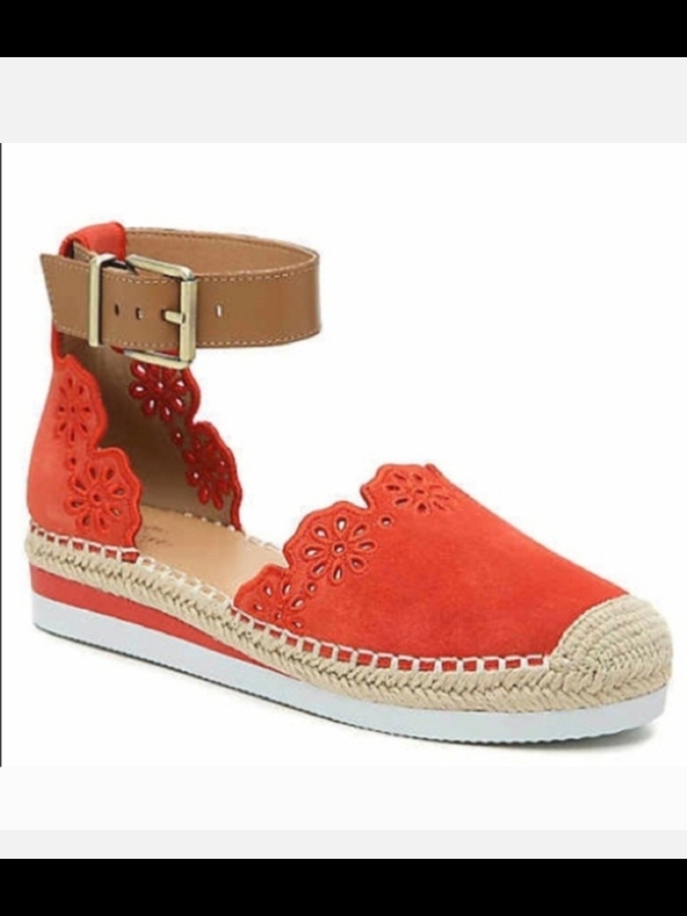 crown & ivy Orange Suede Floral Laser-Cut Espadrille Ankle-Strap Flats